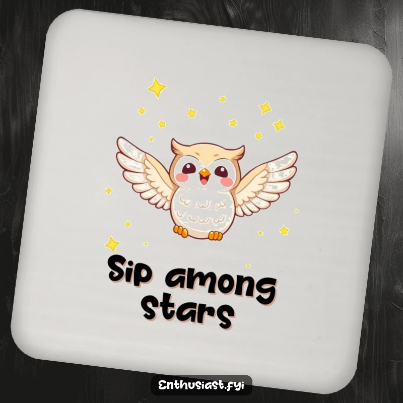 Funny drink coaster with a joyful owl character soaring through a starry sky, adding humorous table protection.