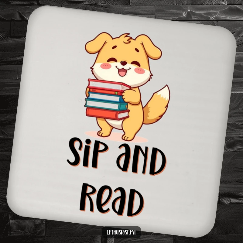 Funny drink coaster with a happy dog character with a wagging tail, excitedly holding a large pile of books.