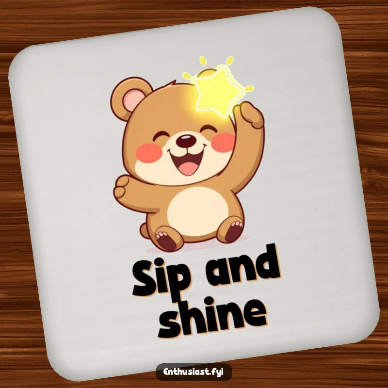Funny bear drink coaster with a joyful bear holding a glowing, imaginary object.