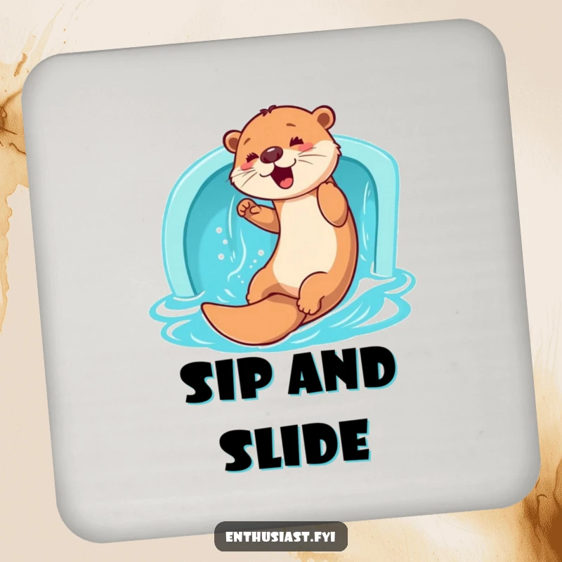 Funny Otter Coaster: A playful otter enthusiastically slides down a water slide, protecting surfaces with aquatic charm, an adorable funny gift.
