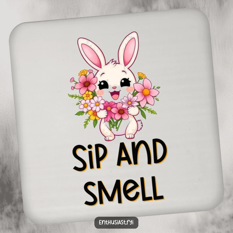 Funny drink coasters featuring a delighted rabbit holding a vibrant bouquet of flowers, adding cheerful floral style to tabletops and protecting surfaces.