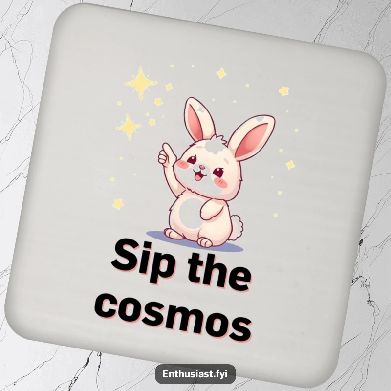Funny drink coaster with a fluffy bunny excitedly pointing at a sky full of stars, adding celestial art.