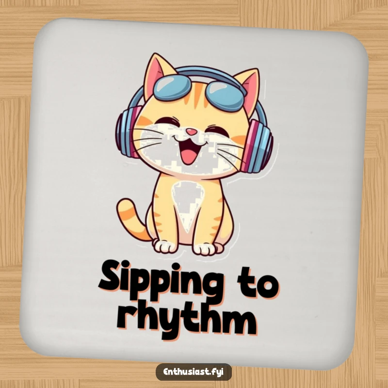 Funny Coaster: Cheerful cat wearing oversized headphones, bobbing head to music, adding musical flair.
