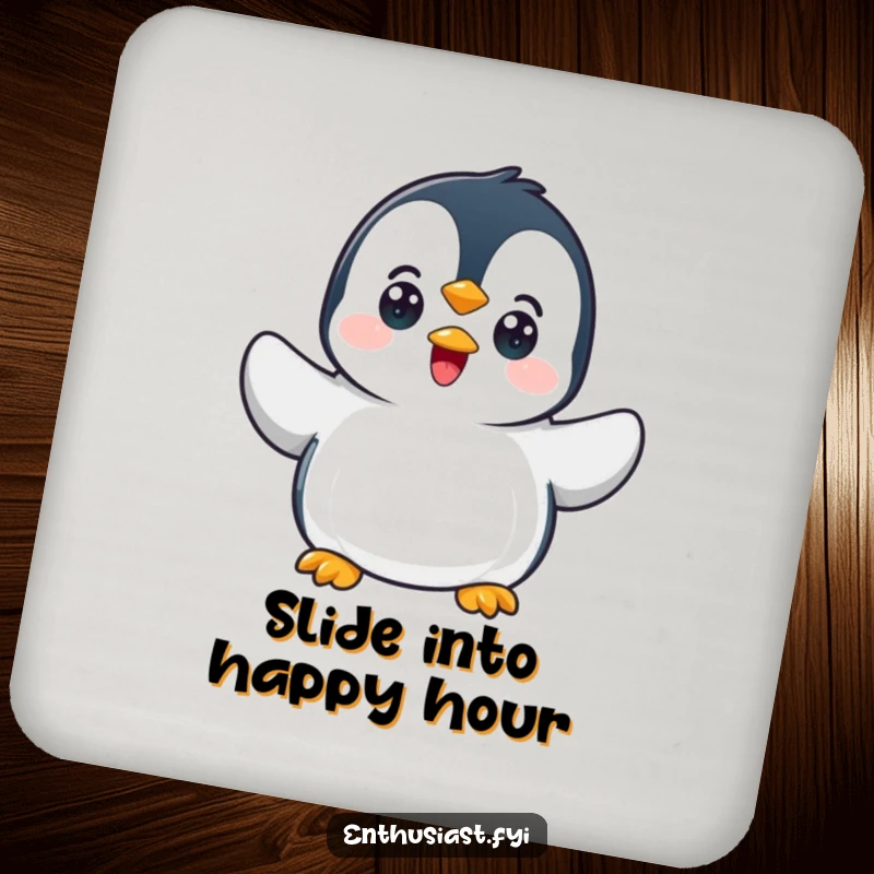 Funny penguin drink coasters showcasing a character waving with excitement, adding arctic humor to tabletops.