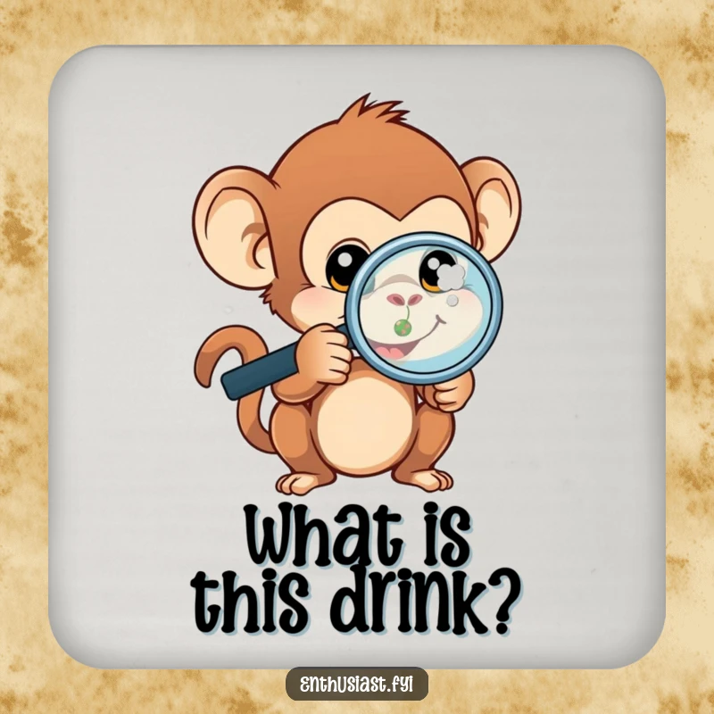 Funny monkey drink coaster with a curious monkey and magnifying glass, examining a tiny object.