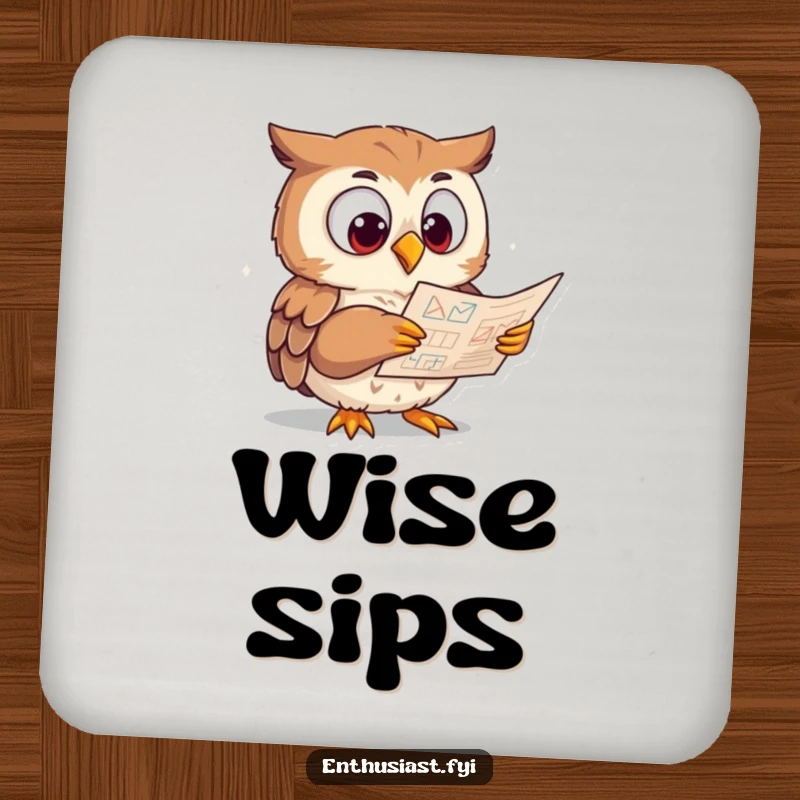 Funny Drink Coasters depicting an eager owl with wide eyes studying a complex diagram, a humorous accessory.
