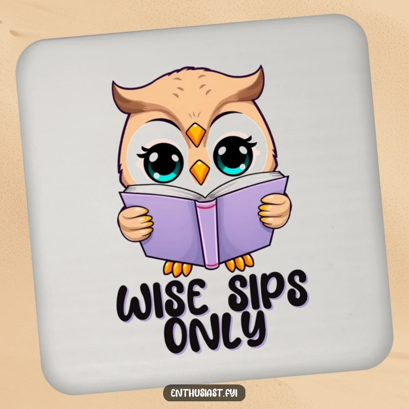 Funny owl coaster featuring a happy owl reading a book, adding wise humor to any surface.