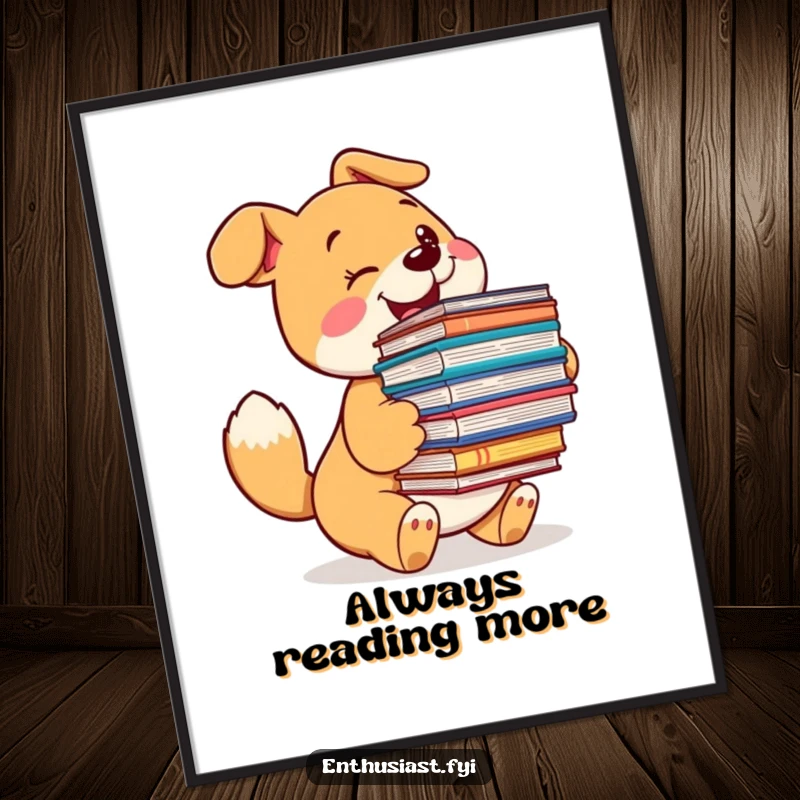 Funny dog poster showcasing a happy, wagging-tailed dog enthusiastically clutching a large pile of books, a bibliophile's joy.