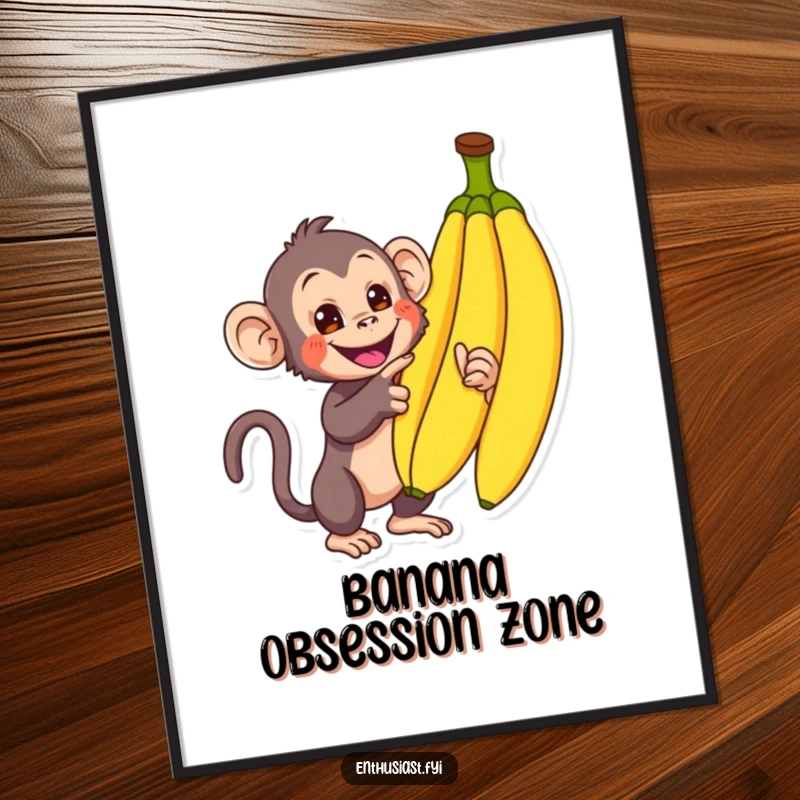 Funny Monkey Poster: An excited monkey enthusiastically gestures towards a large bunch of bananas, a playful scene for any wall, great funny gift.