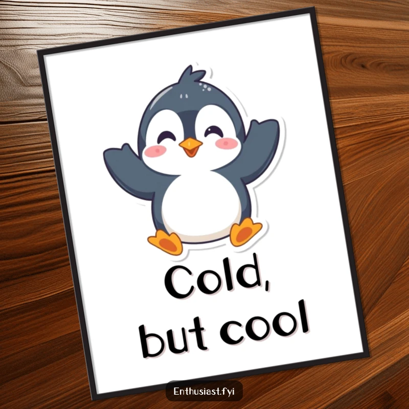 Funny poster print of a playful penguin character enthusiastically waving both flippers, conveying a welcoming and cheerful message.