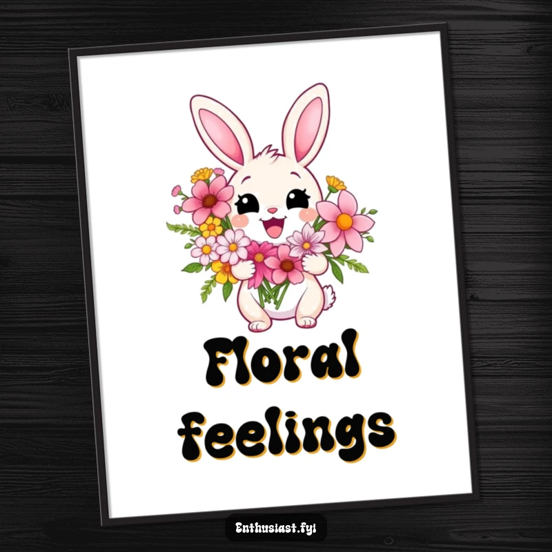 Funny poster print of a delighted rabbit character holding a big bouquet of flowers, radiating pure joy and looking exceptionally pleased.
