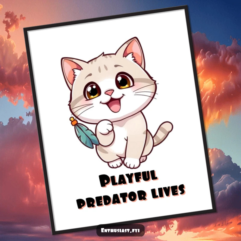 Funny cat poster showcasing a cheerful cat with wide eyes, gleefully batting at a dangling feathered toy, full of playful energy.