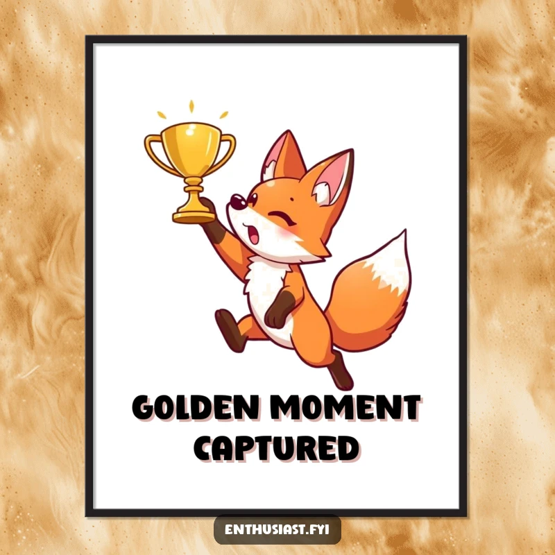 Funny poster capturing an energetic fox character in a triumphant leap, reaching for a radiant golden trophy. Motivational artwork.
