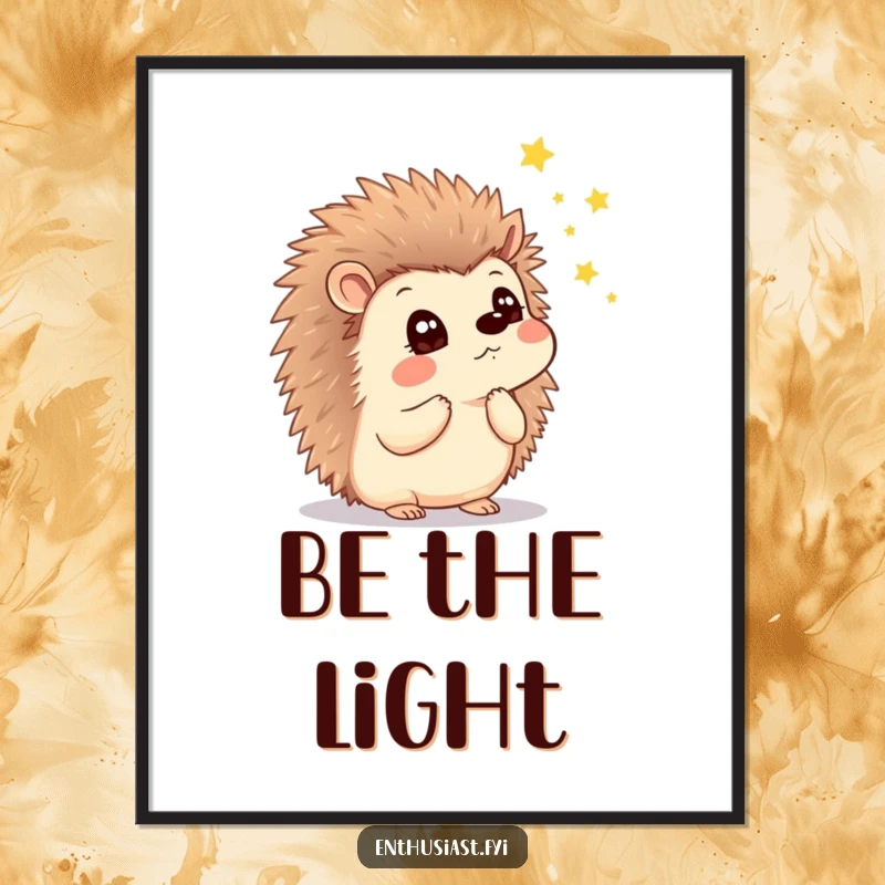 Funny poster of a thoughtful hedgehog with a look of wonder, watching enchanting fireflies, creating a magical nighttime ambiance.