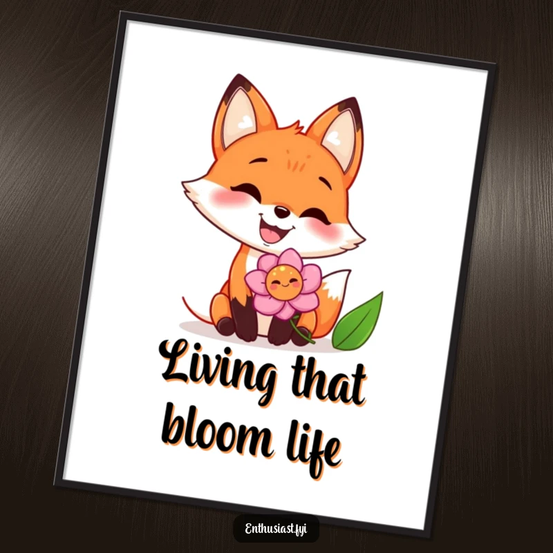 Funny poster of a joyful fox with a big, happy grin enthusiastically sniffing a vibrant flower, bringing a cheerful vibe to the room.