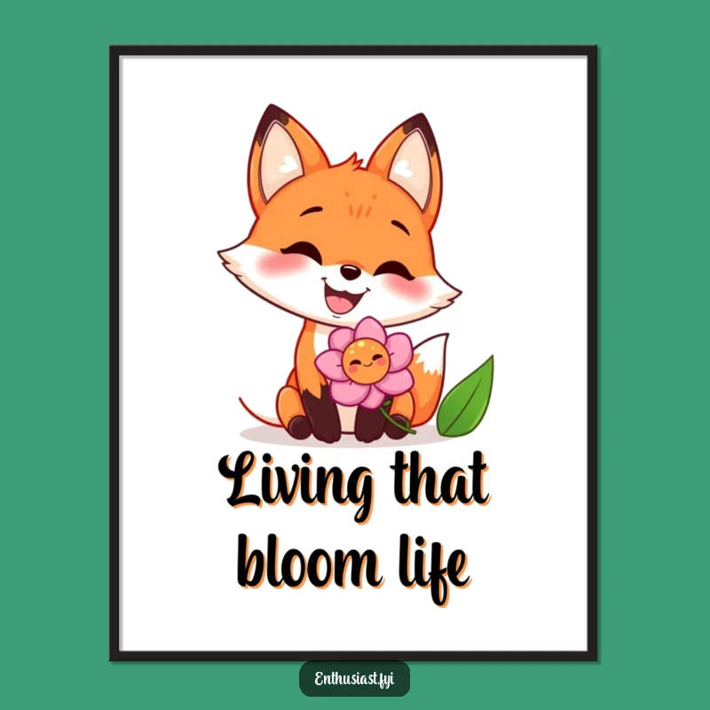 Funny Joyful Fox Flower Poster: Big Grin Art Print, Whimsical Wall Decor Gift