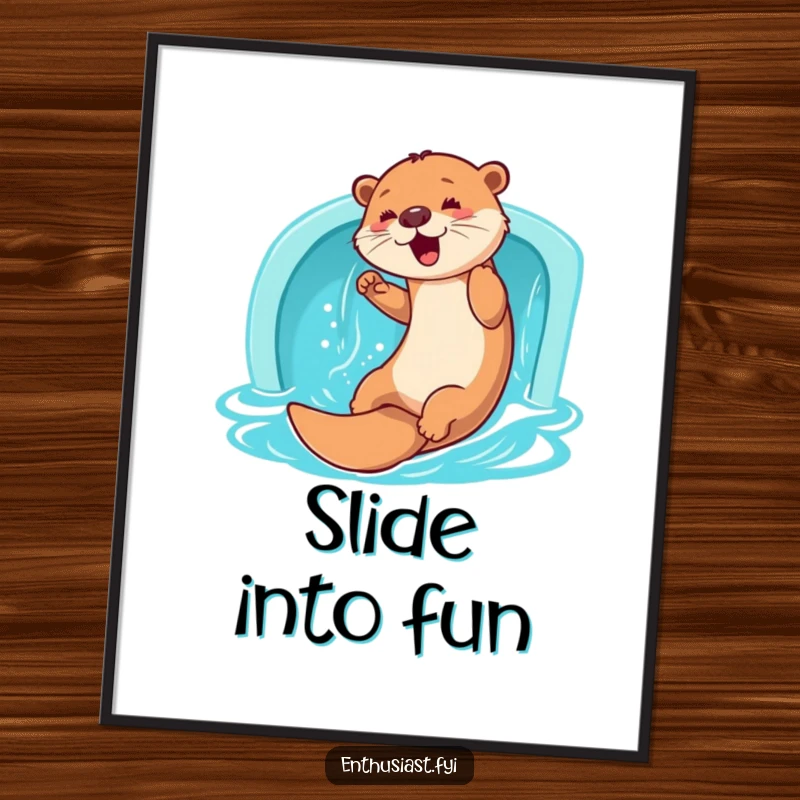 Funny Otter Poster: A delighted otter enthusiastically slides down a water slide, bringing aquatic fun and vibrant energy to any wall, a great funny gift.