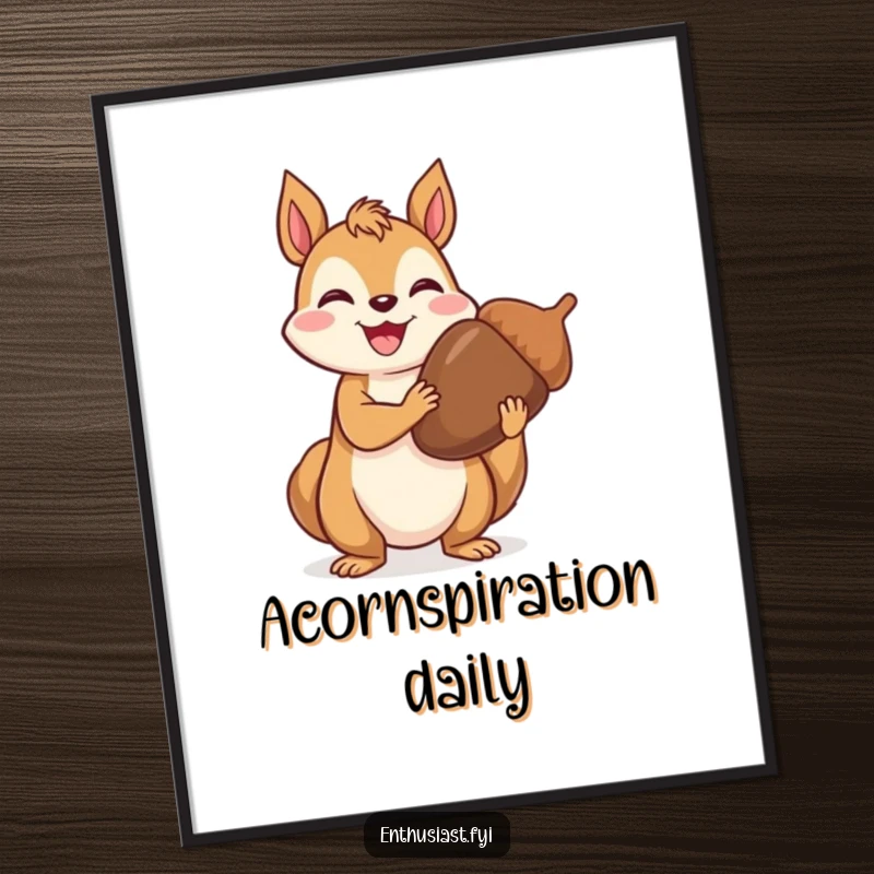 Funny Poster: Joyful squirrel proudly holding an extra large acorn, celebrating abundance and nature's gifts with artistic charm.