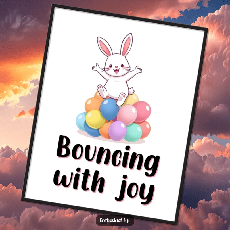 Funny poster showcasing a rabbit energetically leaping over colorful balloons, adding vibrant charm and artistic flair.