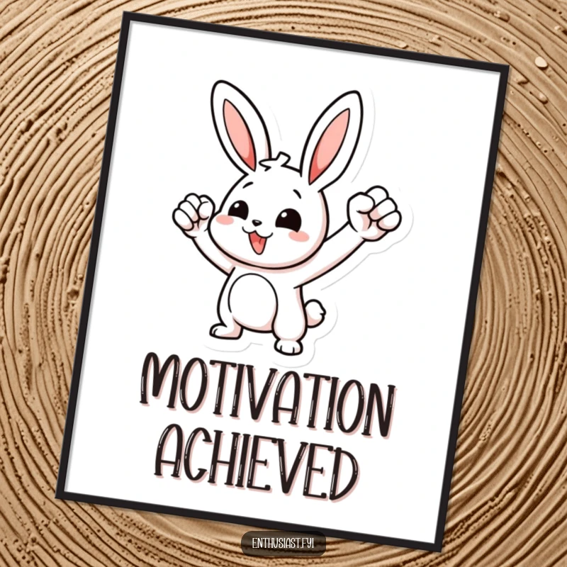 Funny poster displaying a motivated rabbit character triumphantly pumping its fist in the air, conveying pure excitement and success.