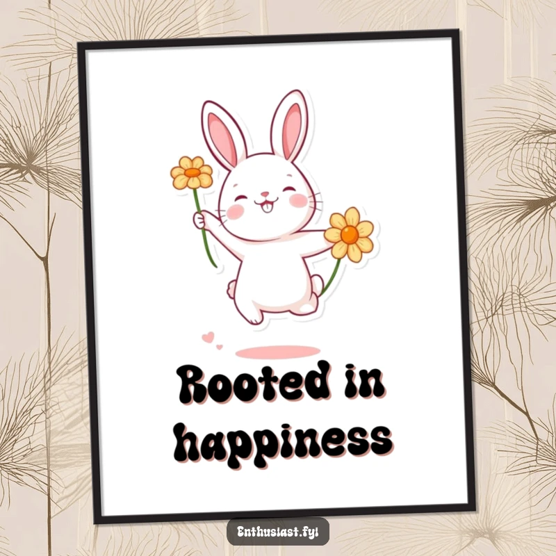 Funny rabbit character mid-air, reaching for a flower with ecstatic joy, vibrant poster art for cheerful home decor.