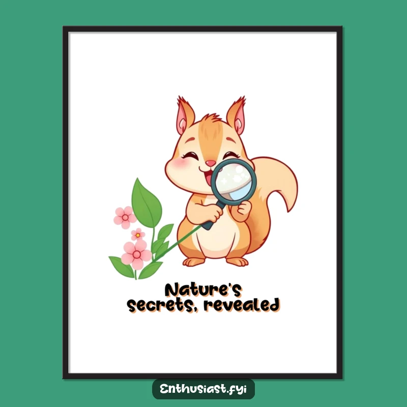 Funny Squirrel Magnifying Flower Poster - Whimsical Wall Art Gift