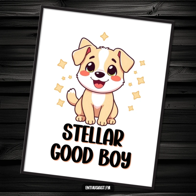 Funny poster of a happy dog wagging its tail, floating joyfully among bright stars, a whimsical and cheerful scene.