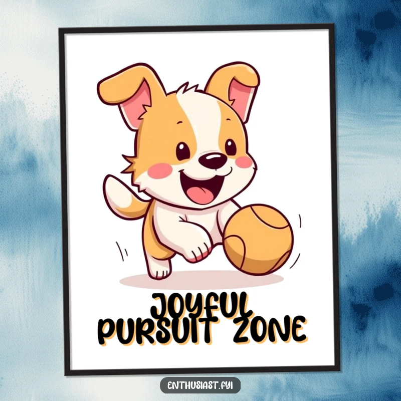 Funny dog poster showcasing a happy dog with its tail wagging furiously, in mid-chase of a bouncing ball, full of energy.