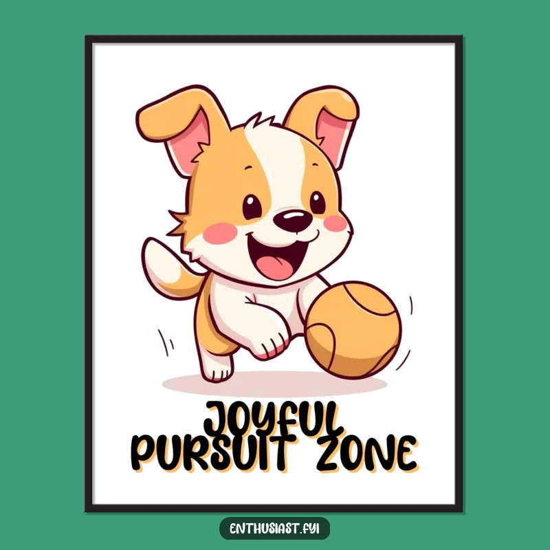 Funny Dog Poster: Joyful Pup Chasing Ball Art, Unique Funny Gift