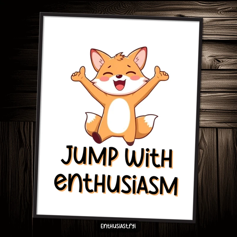 Funny Poster: An enthusiastic fox character jumping for joy with arms outstretched, symbolizing uncontainable happiness and lively celebration.