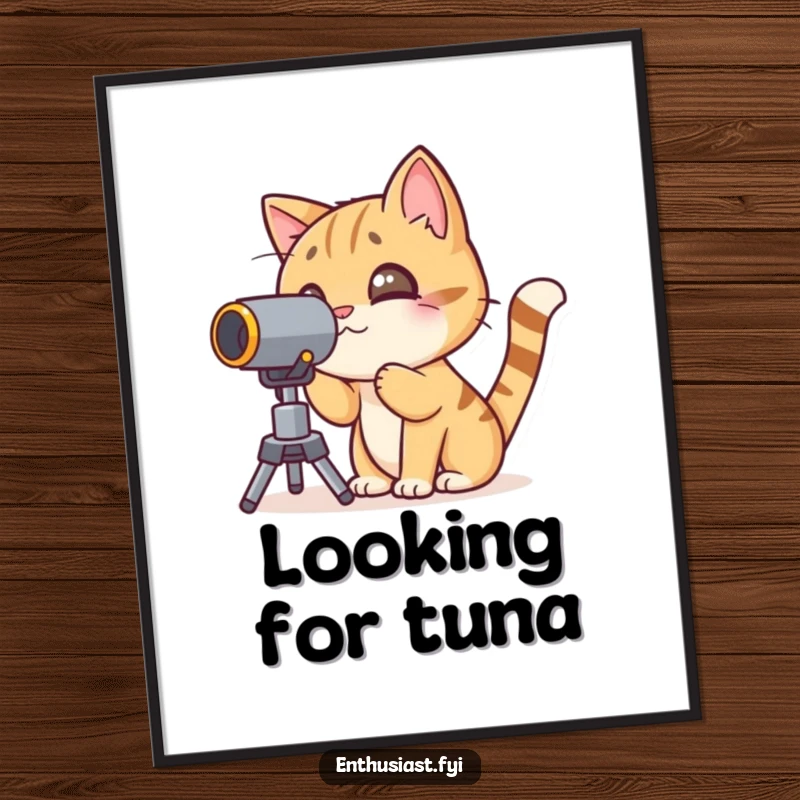 Funny cat poster depicting a curious character looking through a telescope, perfect for celestial-themed decor.