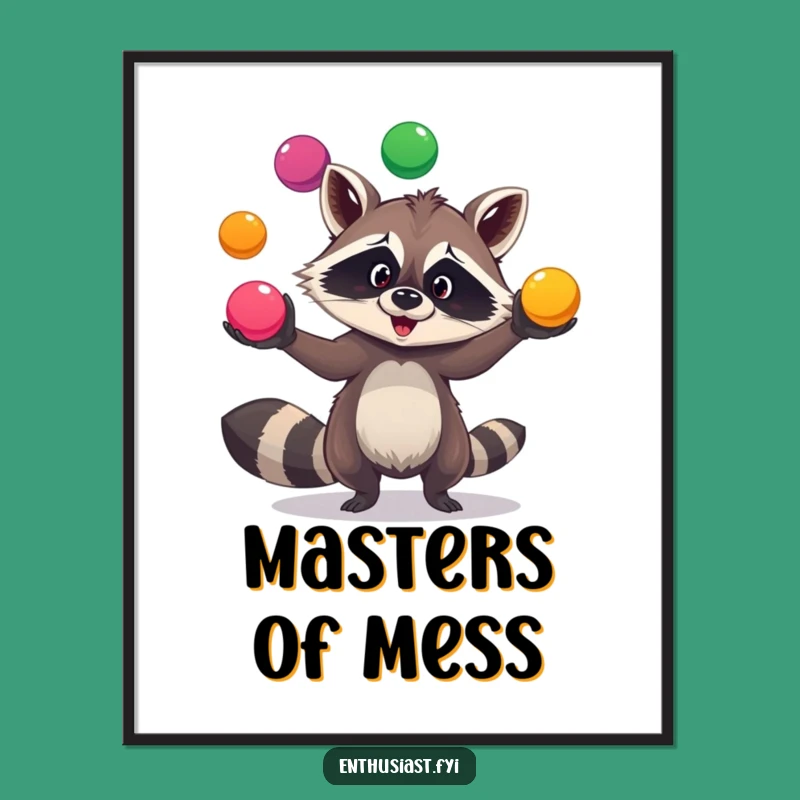 Funny Raccoon Juggling Poster: Vibrant Art for a Playful Space