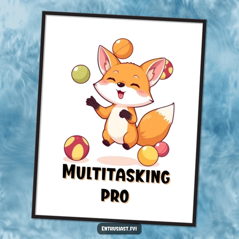 Funny fox juggling poster depicting a small, skilled fox tossing colorful balls in the air with great concentration and delight, adding cheer.