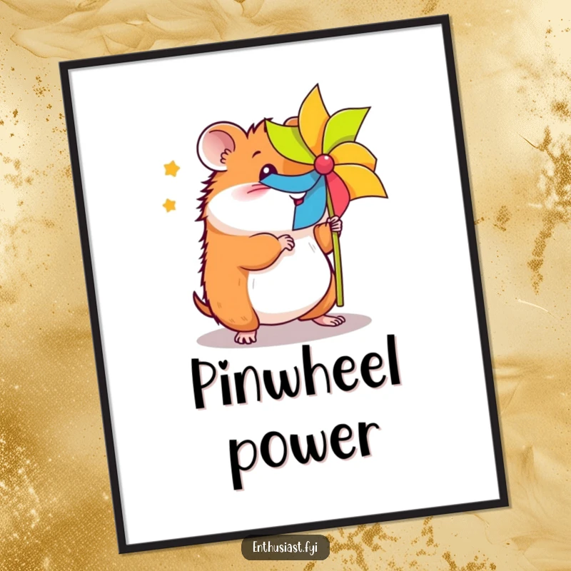 Funny energetic hamster poster displays a lively hamster spinning a vibrant pinwheel, creating a cheerful and dynamic piece of art.