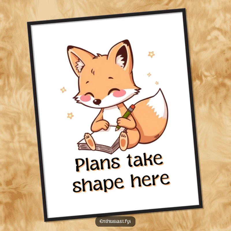 Funny fox poster art of a playful fox rapidly sketching in a notebook, capturing the essence of creativity.