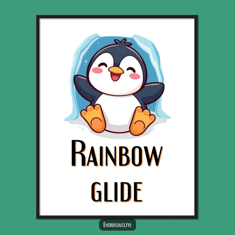 Funny Penguin Slide Poster: Character's Winter Art, Whimsical Wall Decor for Fun Lovers