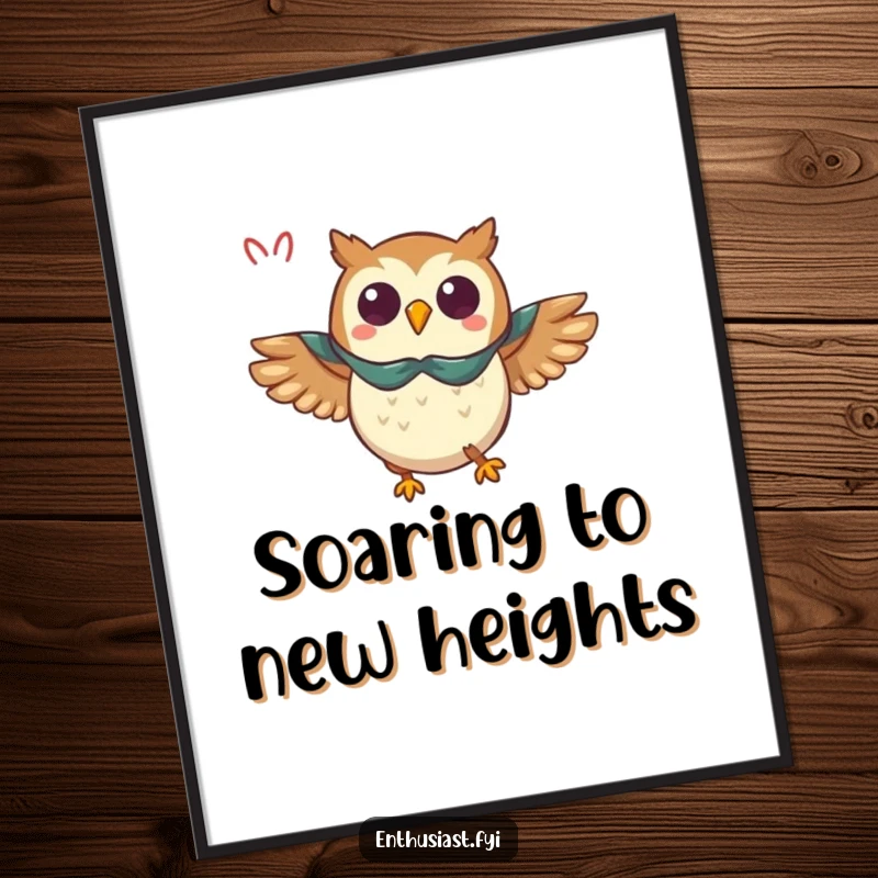 Funny owl poster art of a triumphant owl in a cape flying enthusiastically, bringing heroic humor to walls.