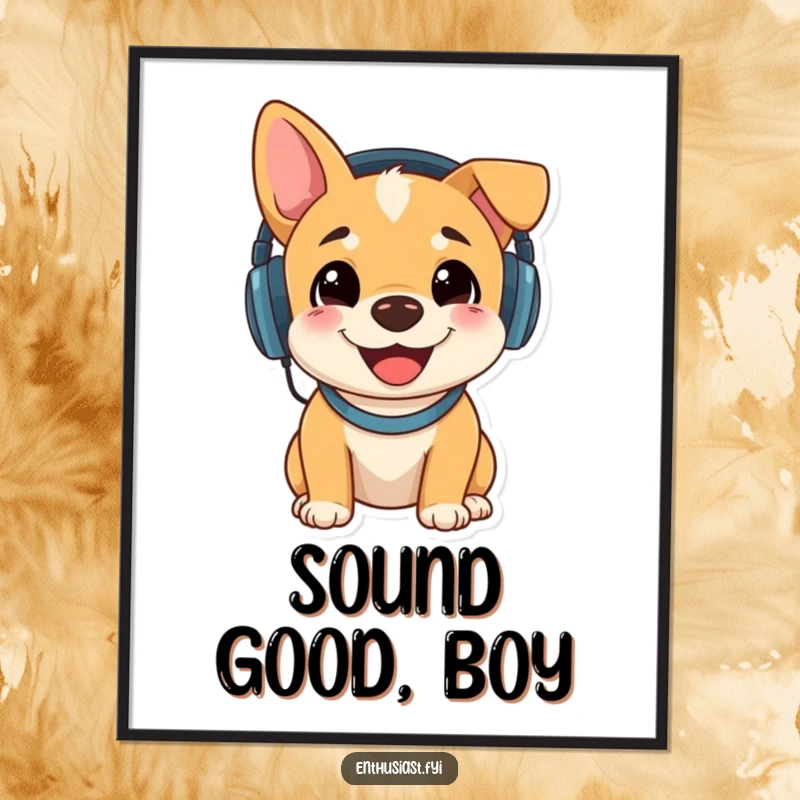 Funny poster of a happy dog wearing headphones and deeply focused on listening to music, bringing cheerful energy.