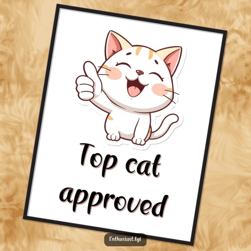 Funny poster of a happy cat giving a large, enthusiastic thumbs-up, conveying approval and a cool, relaxed demeanor.