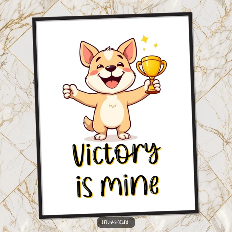 Funny Poster: Happy dog character joyfully holds a shiny trophy, representing celebration and achievement.