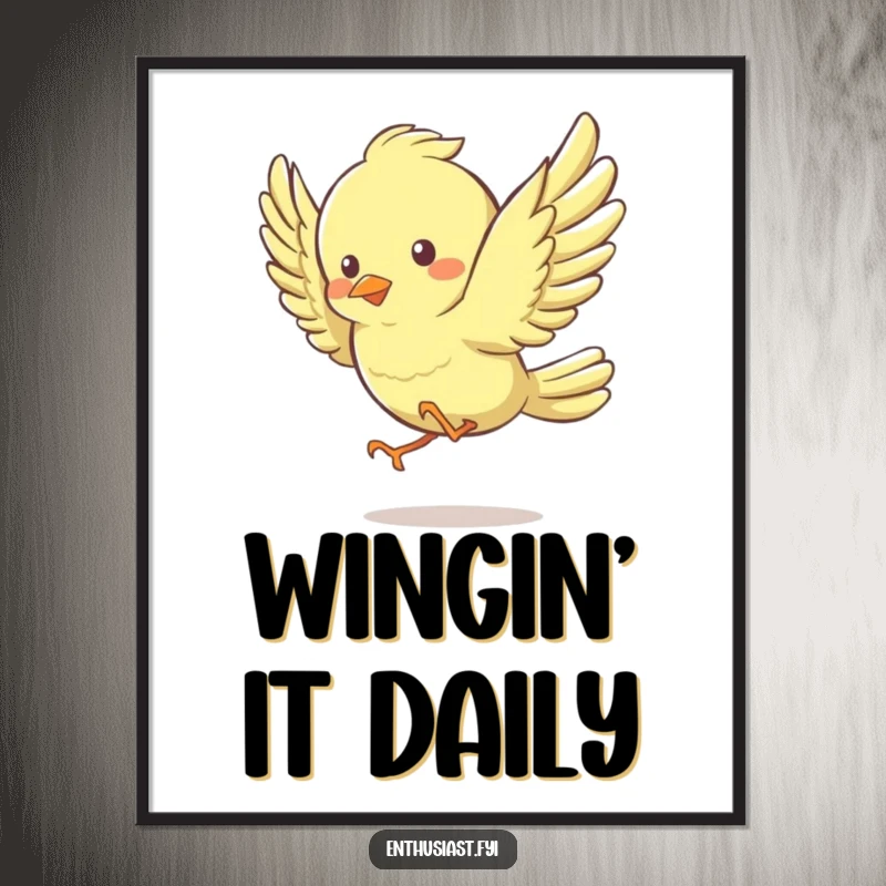 Funny Poster of a lively bird character energetically flapping its wings, creating a dynamic and joyful artistic statement.