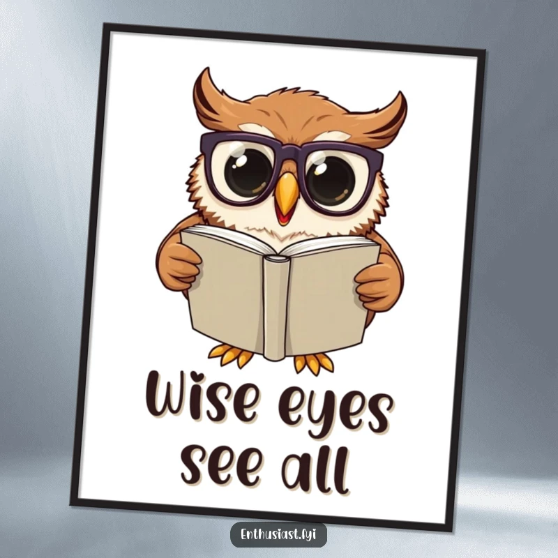 Funny Poster: Excited owl wearing oversized glasses, engrossed in reading a large book, symbolizing wisdom and intellectual pursuits.