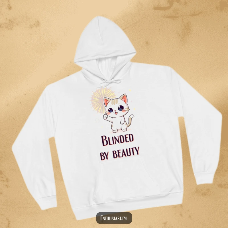 Funny cat hoodie showing a playful cat with sparkling eyes, enthusiastically directing attention to a dazzling fireworks show.
