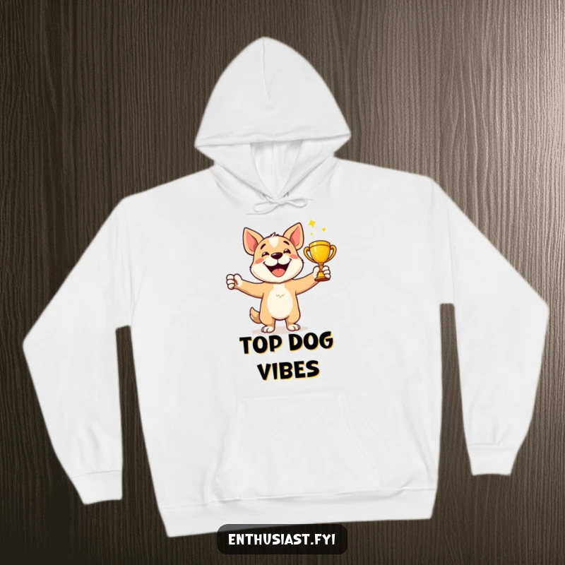 Funny Hoodie: A happy dog character celebrates holding a shiny trophy, embodying joy and achievement.