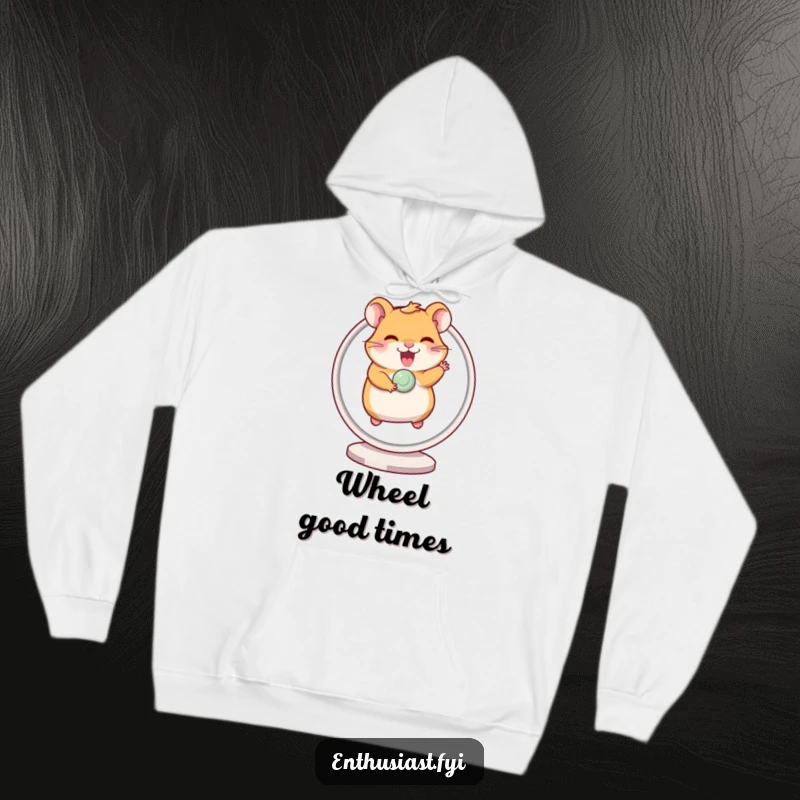 Funny hoodie featuring a giggling hamster excitedly running on a spinning wheel, perfect for cozy, energetic relaxation.