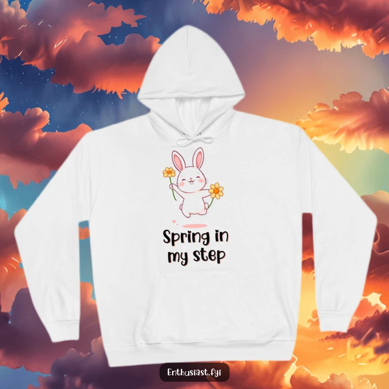 Funny rabbit character joyfully jumping towards a blooming flower, cozy hoodie design for ultimate comfort and humor.