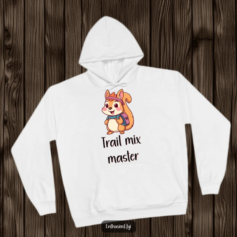 Funny hoodie with a cheerful squirrel character equipped with a backpack, looking eager and ready for any grand outdoor adventure.