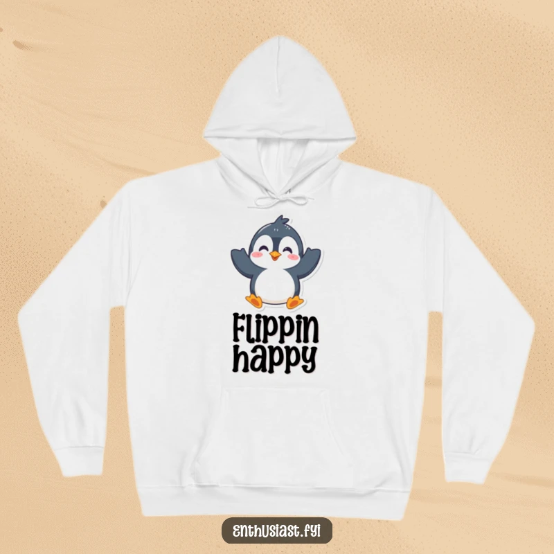Funny hoodie featuring a playful penguin character enthusiastically waving both flippers, exuding warmth and a cheerful, friendly vibe.