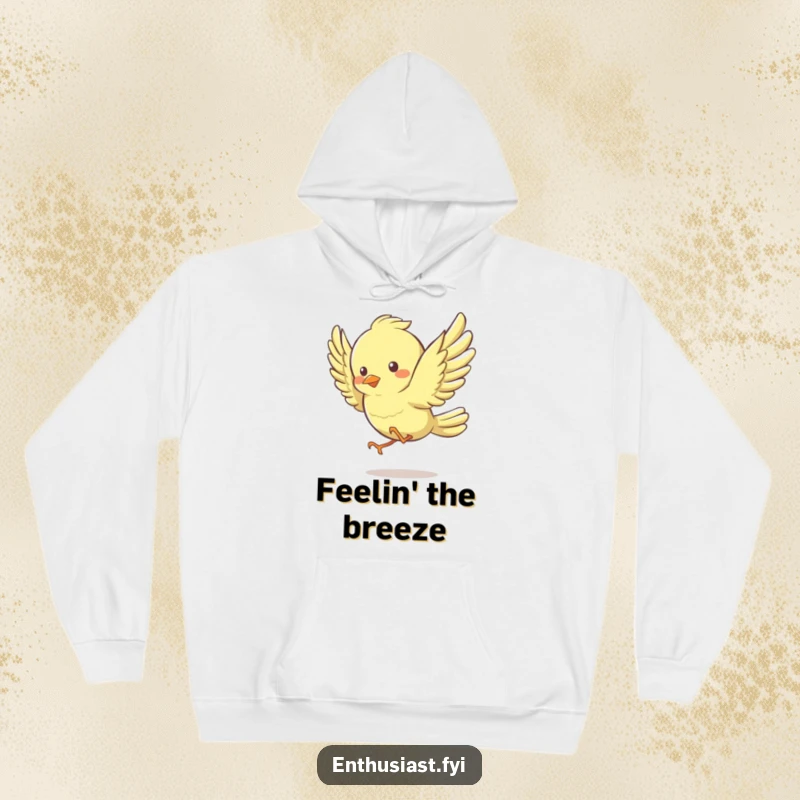 Funny Hoodie with a lively bird character energetically flapping its wings, exuding happiness and a playful, warm vibe.