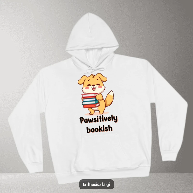 Funny hoodie depicting a happy dog character with a wagging tail, excitedly holding a large pile of books.